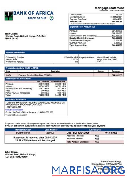 Downloadable Kenya Bank of Africa Kenya mortgage statement Word and PDF template